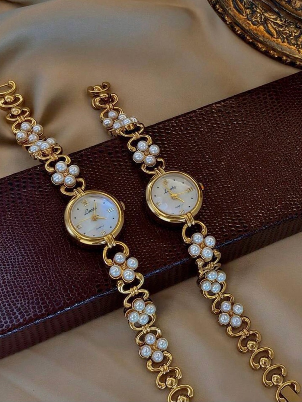 Anthropologie Gold Pearl Floral Link Watch - Picture 1 of 8